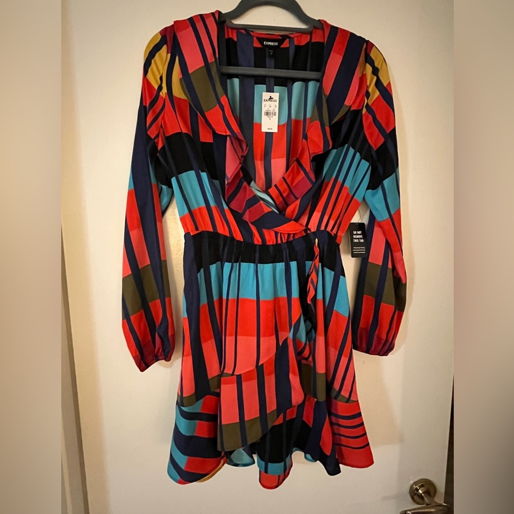 BRAND NEW Color Block Stripe Faux Wrap Dress with Ruffle Detail - Size Small